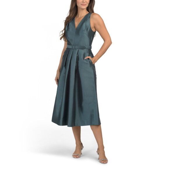 KAY UNGER Cyan Sleeveless Mikado Tea-length Dress With Belt - Picture 1 of 2